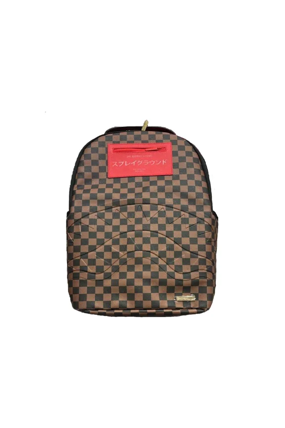 The Journey Begins Brown Checkered Shark Backpack Red Patch SPR222