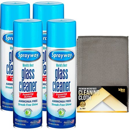 Sprayway Glass and Window Cleaner with Spray Foam (4 Pack) Bundle with Idea Home Premium Microfiber Cleaning Cloth Streak and Lint Free Large 16 x 24 in
