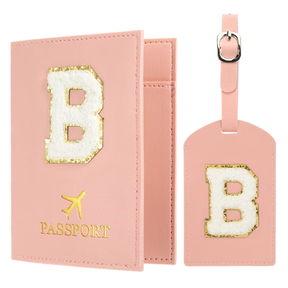 Uxcell Passport Holder for Travel, Initial Passport Cover and Luggage Tag Set with Alphabet Chenille Letter Patch Pink B