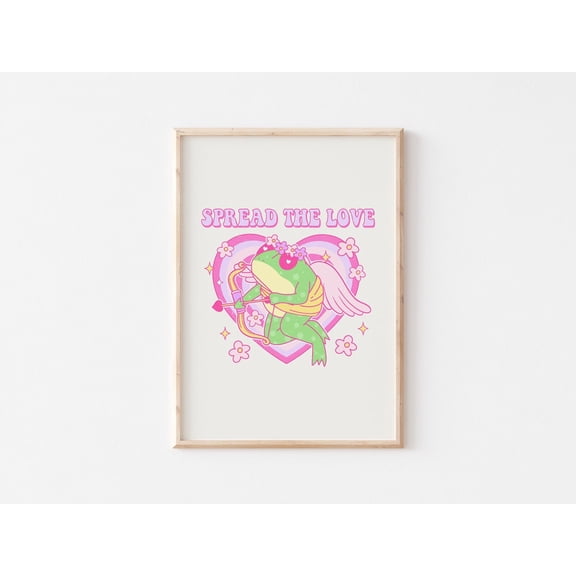 Spread The Love Poster, Valentine Frog Cupid, Retro Valentines Art, Trendy Cute Valentines Wall Art, Romancecore Wall Decor, Unframed Poster Size 8x12