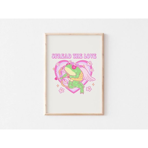 Spread The Love , Valentine Frog Cupid, Retro Valentines Art, Trendy Cute Valentines Wall Art, Romancecore Wall Decor Unframed Paper Print