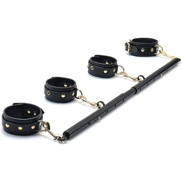 Spreader Bar Heavy Duty Stainless Steel Expandable Home Gym with 4pcs Furry Adjustable Strap,Sports Aid Training Fitness Gear Pilates Aid Kit,Yoga Set (Black+Black-Gold PU Kit)