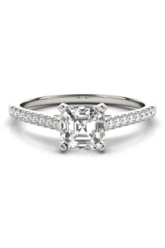 14K White Gold Plated 1.9 Ct Asscher Cut Solitaire Engagement Ring with Accent Moissanite - Eternity Band Wedding Ring for Women - Moissanite Promise Ring for Women's
