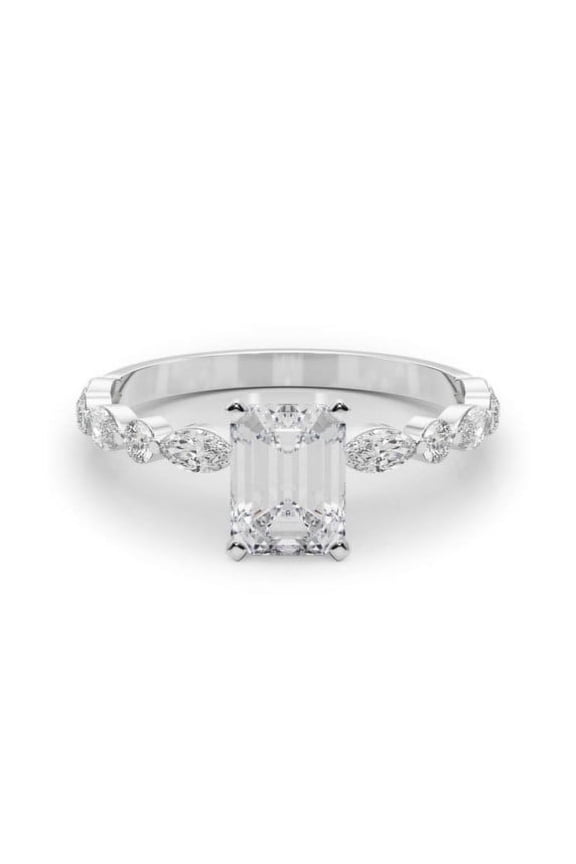 14K White Gold Plated Emerald Cut 2 Ct Multi-Stone Engagement Ring for Women - Luxurious Wedding Band with Moissanite - Solitaire with Accent Moissanite Ring for Special Occasions