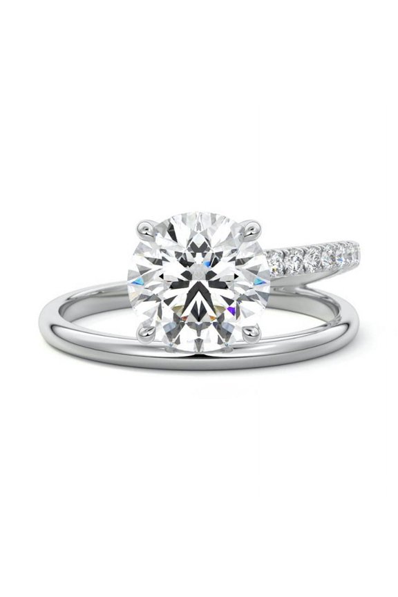 14K White Gold Plated Ring - Brilliant 2 Ct Round Cut Moissanite Rings - Solo Stone Solitaire With Accent Engagement Rings - Engagement Wedding Handmade Rings