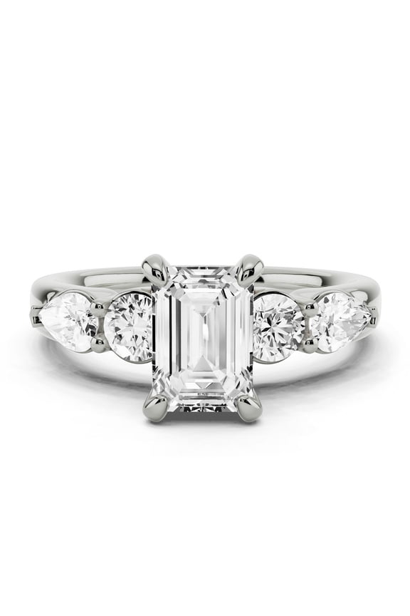 2.1 Ct Emerald Cut 5 Stone Moissanite Ring for Women's - Engagement and Wedding Ring for Women's - Moissanite - 14K White Gold Plated Prong Setting - Anniversary Gifts
