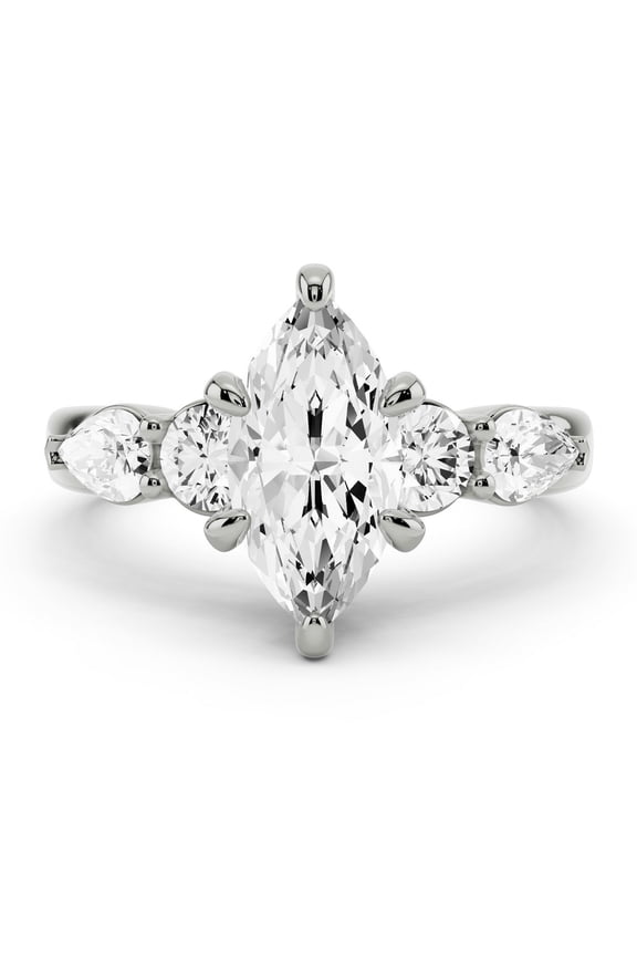 2.1 Ct Excellent Marquise Cut 5 Stone Moissanite Ring for Her - Solitaire with Accent Moissanite - Anniversary Engagement Wedding Ring for Women - 14K Gold Plated Setting - Ideal Gift