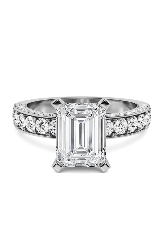 2.2 Ct Emerald Cut Engagement Solitaire with Accent Ring - 14K White Gold Plated - Moissanite - Eternity Bezel Setting Band - Ideal Gift for Her - Daily & Office Wear