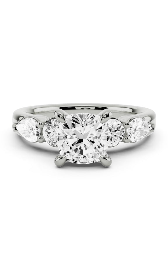 2 Ct Cushion Cut 5 Stone Moissanite Ring for Women's - Engagement and Anniversary Rings for Women's - 14K White Gold Plated Prong Setting - Solitaire with Accent Moissanite
