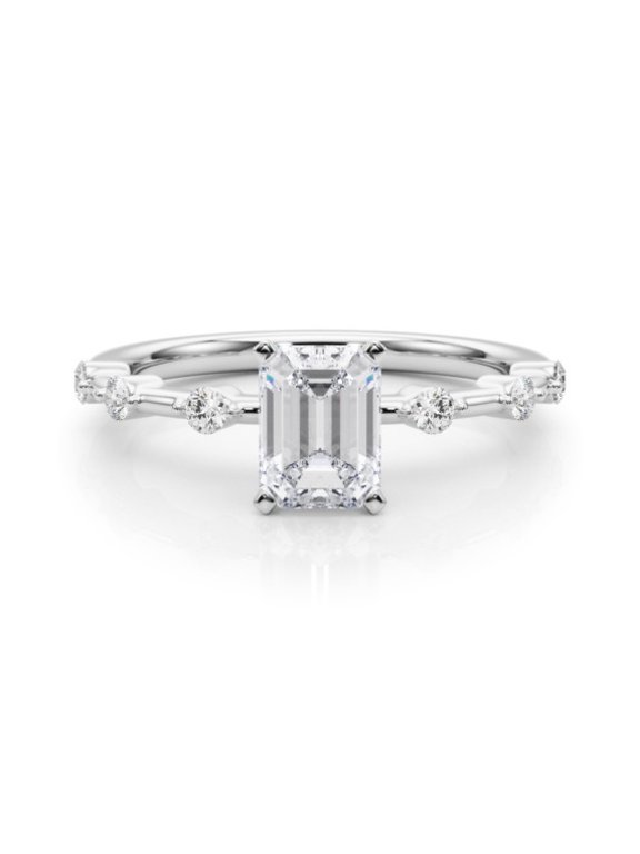 2 Ct Emerald Cut Solitaire Lab-Created Simulated Diamond Engagement Ring 14K White Gold Plated with Accent Stone for Women