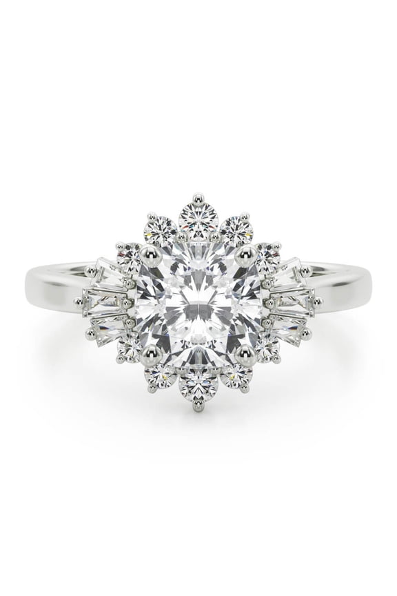 2 Ct Excellent Cushion Cut Floral Halo Moissanite Ring for Her - Moissanite Engagement Ring for Women - 14K White Gold Plated Sunburst Wedding Band - Prong Setting Gift