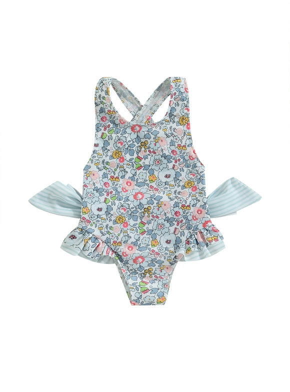 Sprifallbaby Kids Baby Girls Summer Swimsuit, Sleeveless Cross Backless Floral Print Ruffle Swimwear Bathing Suit 1-6Y