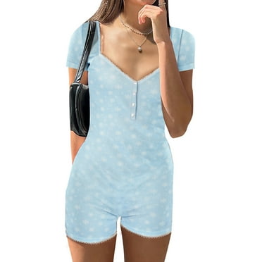 Sprifallbaby Women Floral Pattern Short Rompers Short Sleeve V Neck Buttons Spring Summer Short Trousers Jumpsuit