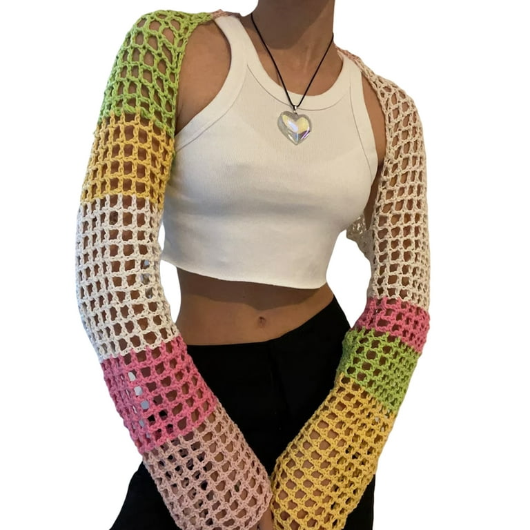 Sprifallbaby Women Mesh Shrug Long Sleeve Crochet Contrast Color