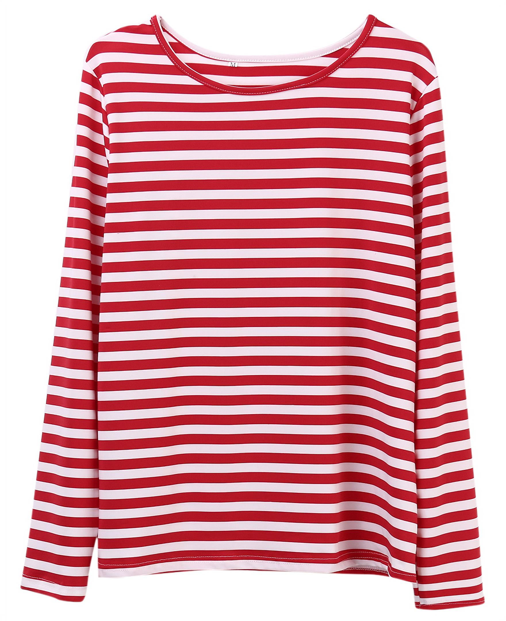 Sprifallbaby Women Red White Striped Casual Tops Long Sleeve Round Neck ...