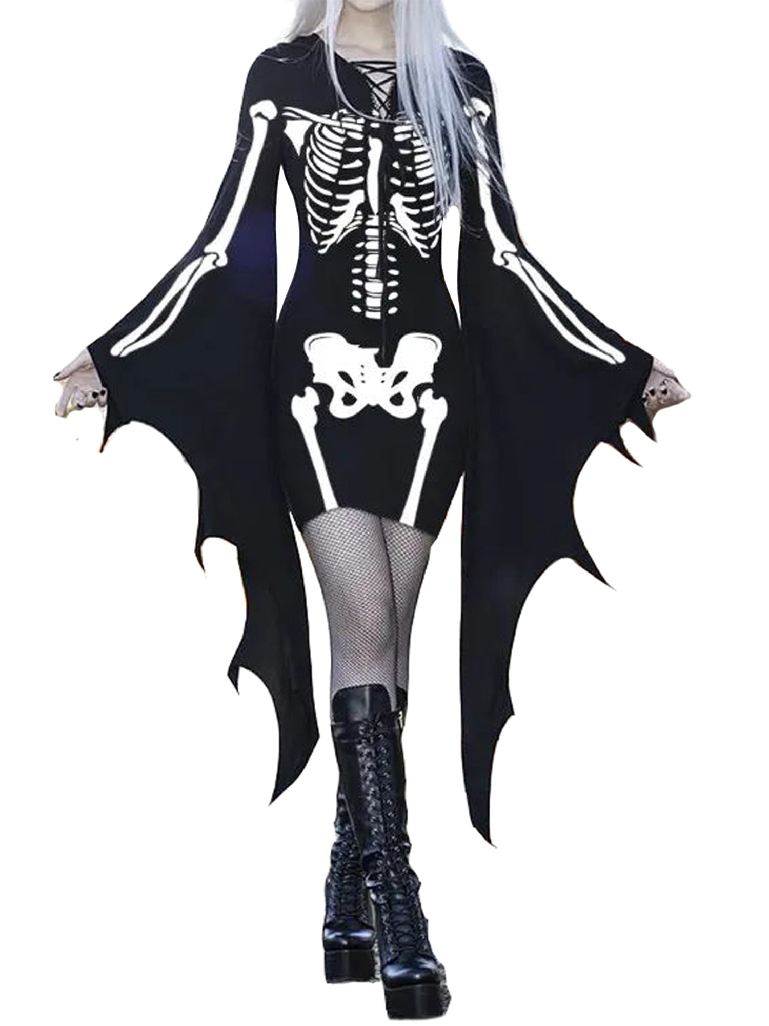 Sprifallbaby Women´s Halloween Costumes Black/Skeleton Print Bat Long