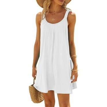 Sprifallbaby Women's Summer Short Beach Dress Solid Color Sleeveless Backless U Neck Beachwear S-XL