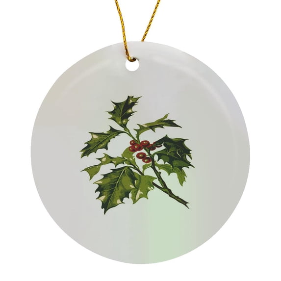 3drose, Sprig of Holly Christmas Red Berry, Circle Porcelain Ornament
