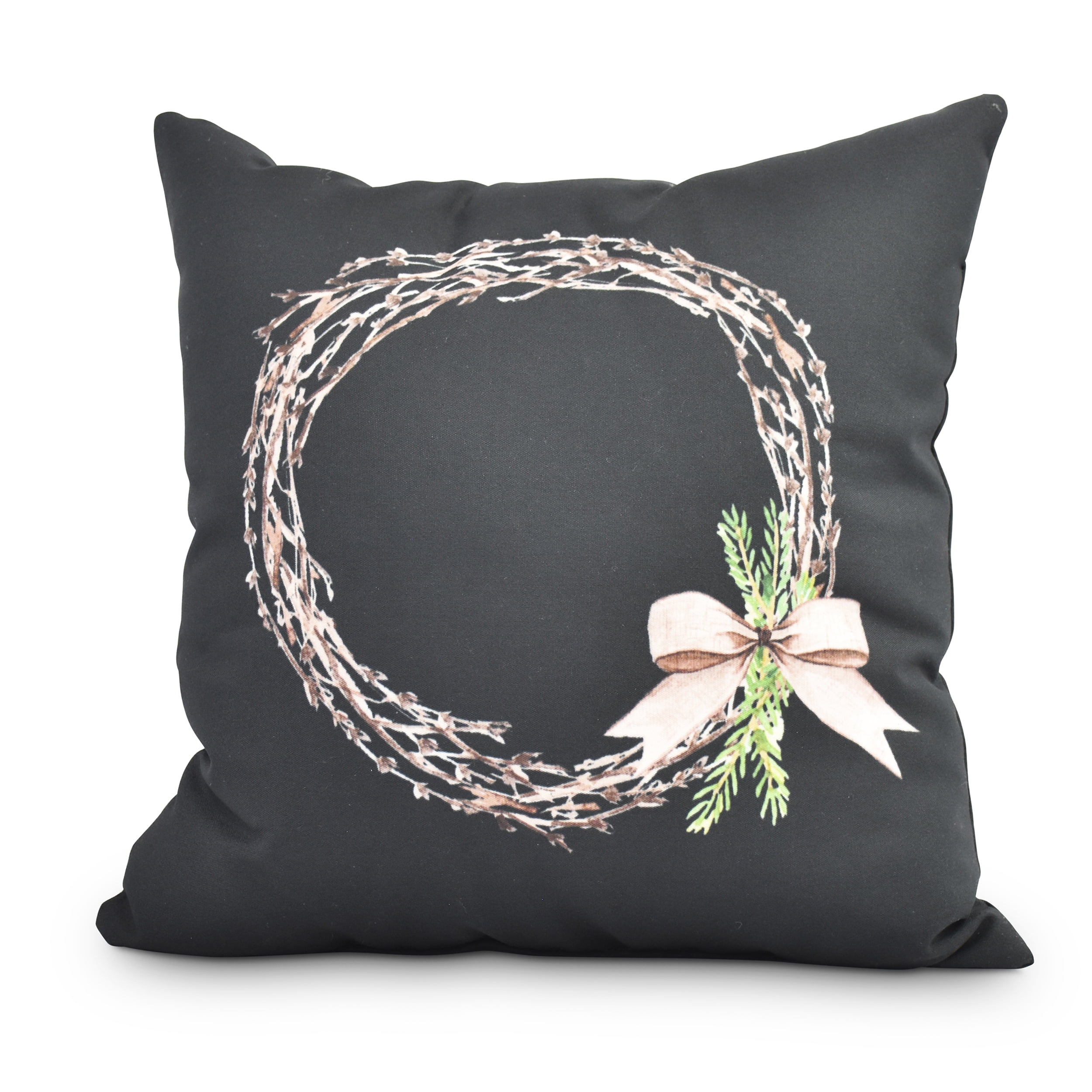 Sprig of Green 16 Inch Black Holiday Print Decorative Throw Pillow