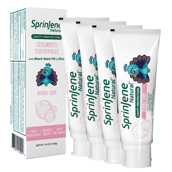 SprinJene Natural Children's Bubblegum Toothpaste with Cavity Protection, Pack of 4