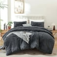 Sprinday 3Piece Shaggy Plush Duvet Cover Set，King Size Dark Gray Fuzzy