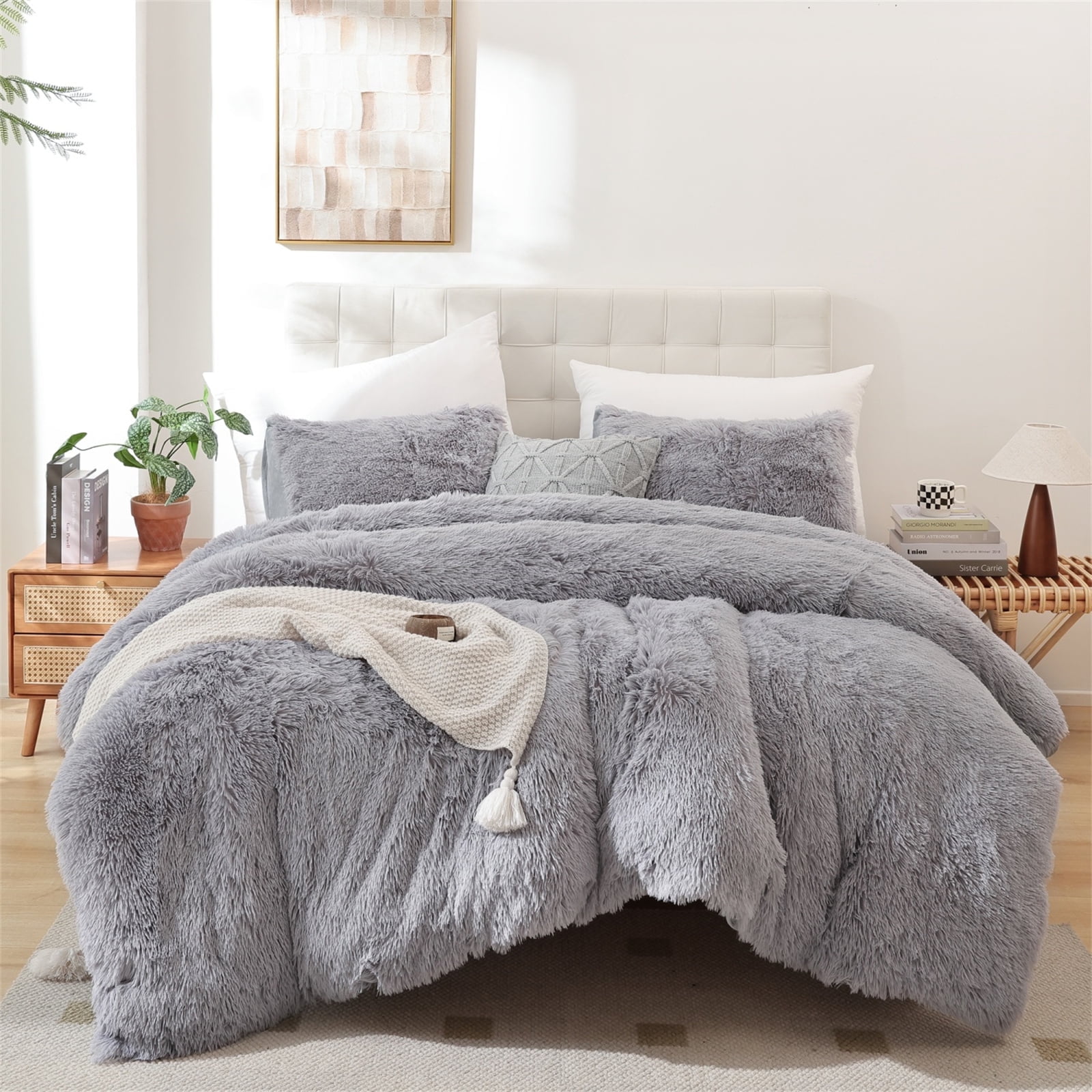 Sprinday 3Piece Shaggy Plush Duvet Cover Set，King Size Gray Fuzzy