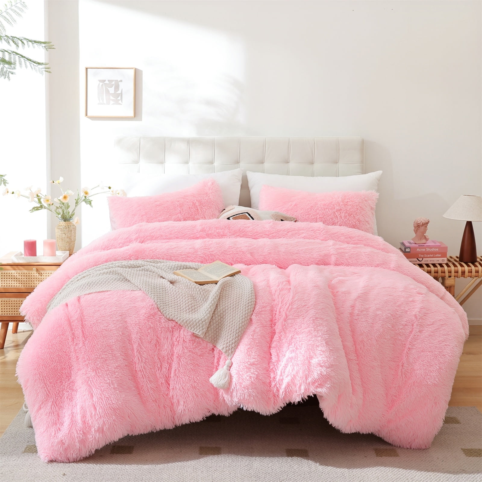 Sprinday 3Piece Shaggy Plush Duvet Cover Set，King Size Pink Fuzzy