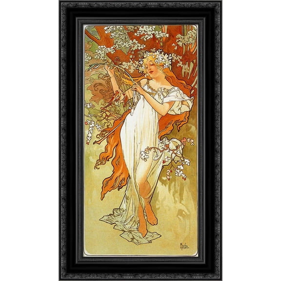 Spring 17x24 Black Ornate Wood Framed Canvas Art by Mucha, Alphonse