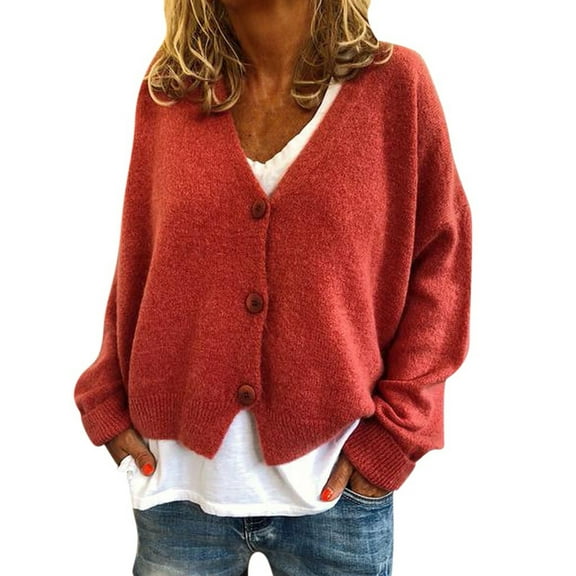 Spring 2024 Womens Jacket Loose Women's Button Solid Knit Sweater Cardigan Long Sleeved Jacket(Red S)