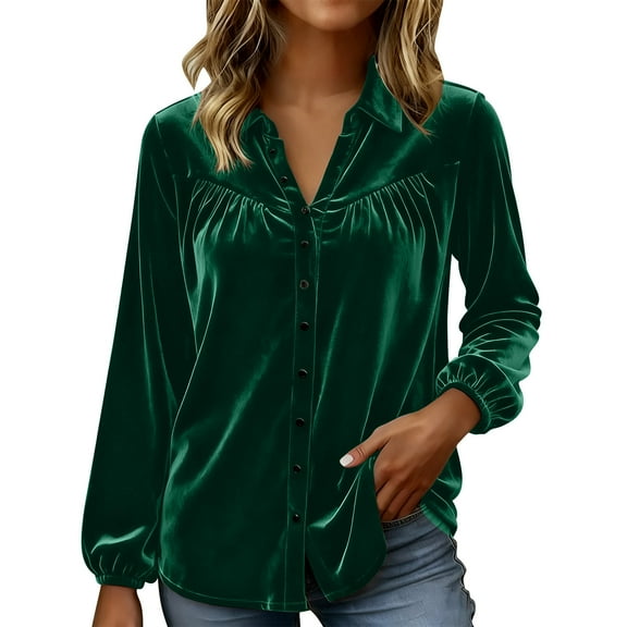 Spring 2026 Womens Fashion Velvet Long Sleeve Button Down Shirt Pleated Front Tops Turn Down Collar Blouse Trendy Work Tops