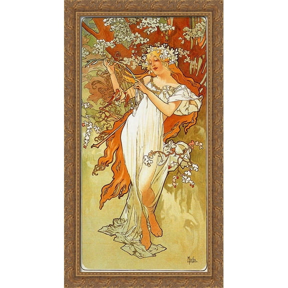 Spring 22x40 Large Gold Ornate Wood Framed Canvas Art by Alphonse Mucha
