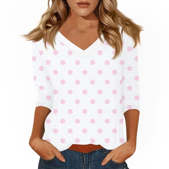 Spring 3/4 Length Sleeve Womens Tops V Neck Blouse Casual Loose Fit Banded Bottom Shirts Tunic Tops