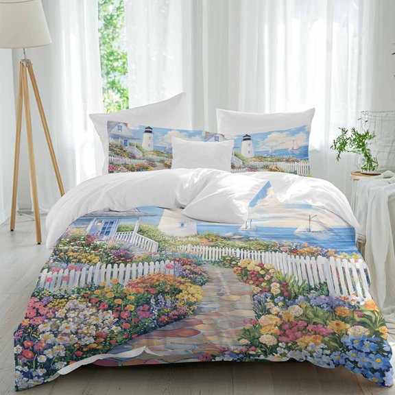 Spring 4 Piece Duvet Cover Set Queen Size Colorful Flowers Town Beacon Country Scenery Soft Bedding Set Comforter Cover, 1 Duvet Cover 1 Flat Sheets and 2 Pillowcases