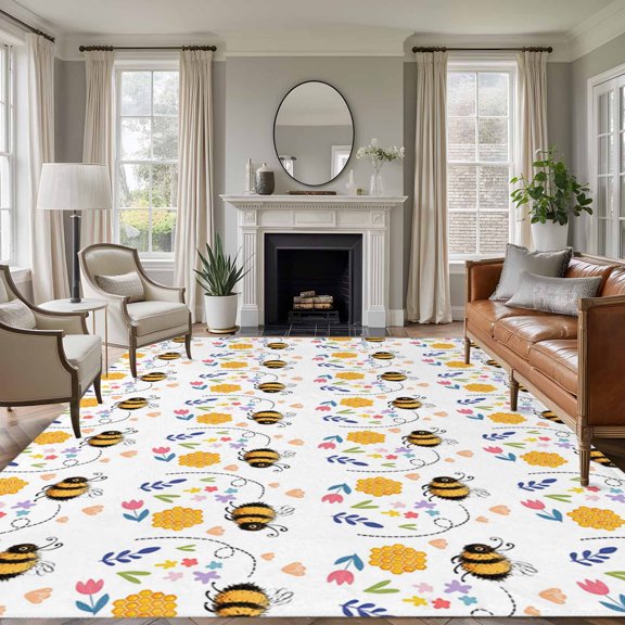 Spring 6'x9' Rug for Dining Room Table and Chair Setup, Cartoon Flowers Farm Plants Watercolor Bee Yellow Honey Low Pile Washable Non Slip Rectangle Area Rug for Living Room