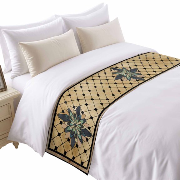 Spring Abstract Floral Bed Runner for Queen Size Bed, Yellow Geometric Flowers Grid Border Soft Bedding Scarf Bedding Protector Slipcover Sofa Throw for Bedroom Hotel Guesthouse