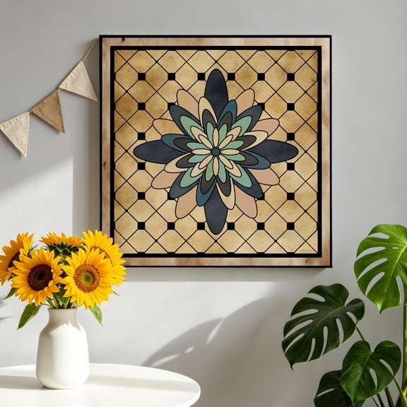 Spring Abstract Floral Canvas Wall Art, Yellow Geometric Flowers Grid Border Framed Canvas Wall Decor Picture Print Artwork Decorations for Living Room Office Ready to Hang 8" x 8"