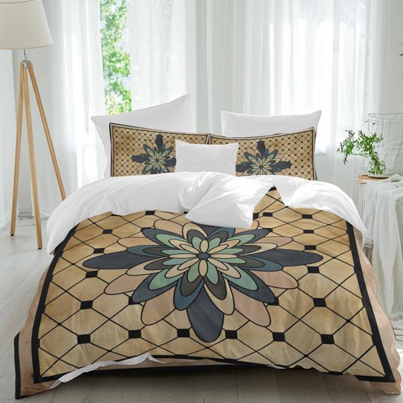 Spring Abstract Floral Duvet Cover Set Queen Size, Yellow Geometric Flowers Grid Border 4 Piece Bedding Set with Zipper Closure & Corner Ties Soft Breathable Comforter Cover for Bedroom
