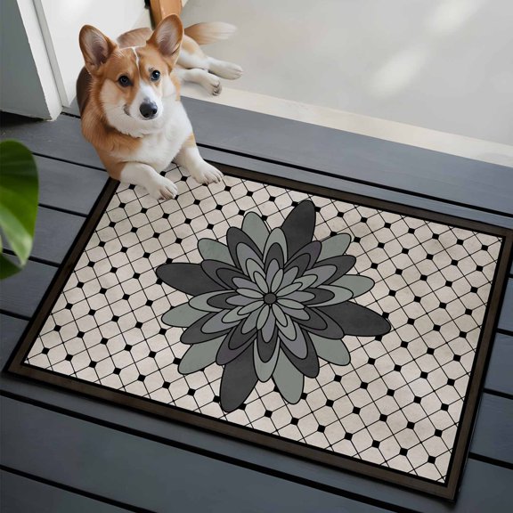 Spring Abstract Floral Front Door Rugs 2x3 ft Black Geometric Flowers Grid Border Small Rug for Entryway Non Slip Washable Bathroom Door Mat Absorbent Floor Mat for Indoor Entrance