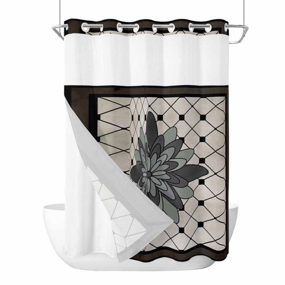 Spring Abstract Floral No Hooks Shower Curtain with Snap-in Liner Black Geometric Flowers Grid Border Shower Curtains for Bathroom, Waterproof, Easy Install, Washable 60"x72"