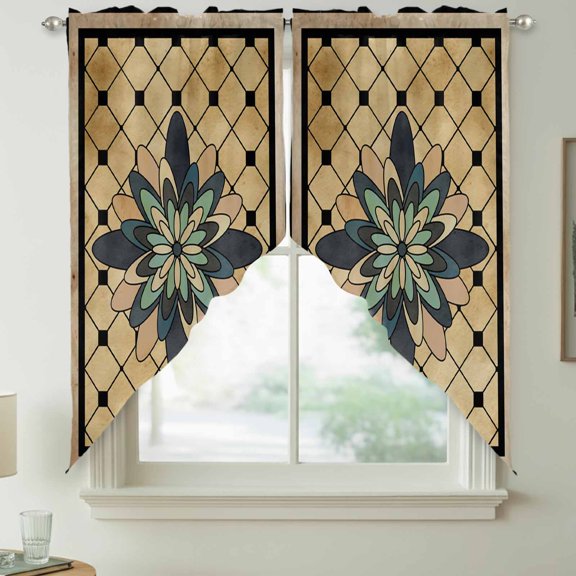 Spring Abstract Floral Swag Kitchen Curtain Valances, Yellow Geometric Flowers Grid Border Rod Pocket Curtains Window Treatment Decor Valances for Bedroom Bathroom, 2 Panels 36 x 63 Inch