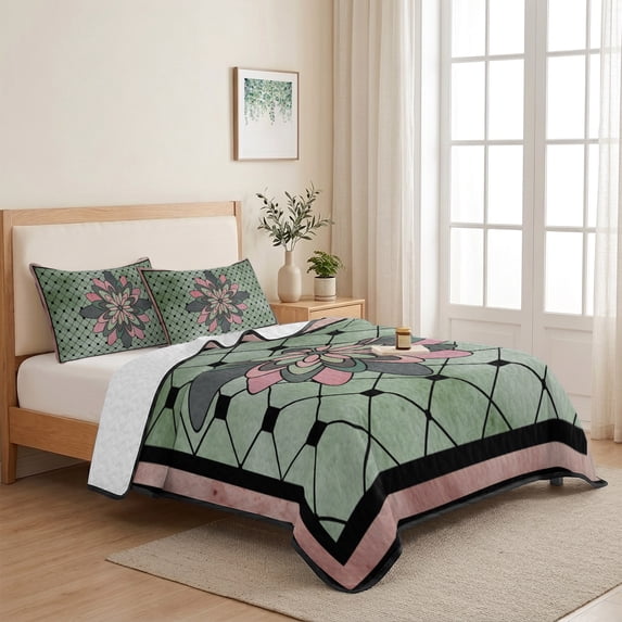 Spring Abstract Floral Twin Size Quilt Set Lightweight Bedspread Coverlet Set, Green Pink Geometric Flowers Grid Border Quilted Bedding Cover with 2 Pillow Shams for All Season Layering 68"x86"