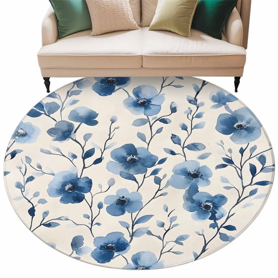 Spring Abstract Flower Round Area Rug 5ft Blue Flowers Watercolor Non-Slip Washable Circle Rugs Soft Felt Indoor Floor Mat for Bedroom Kitchen Living Room Bathroom