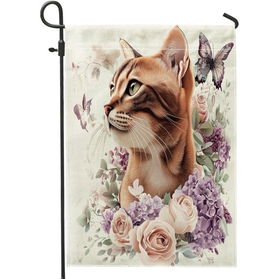 Spring Abyssinian Cats Garden Flags 12x18 Inch Double Sided for Outside, Novelty Floral Art Pattern Standard Canvas House Flags, Pet Front Yard Backyard Lawn Flags