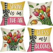 Spring is in The Air Decorative Throw Pillow Covers 18 x 18 Set of 4, Bless My Blooms Tulip Flower Mason Jar Cushion Case Decor, Floral Stripes Bow Farmhouse Home Decoration for Sofa Couch