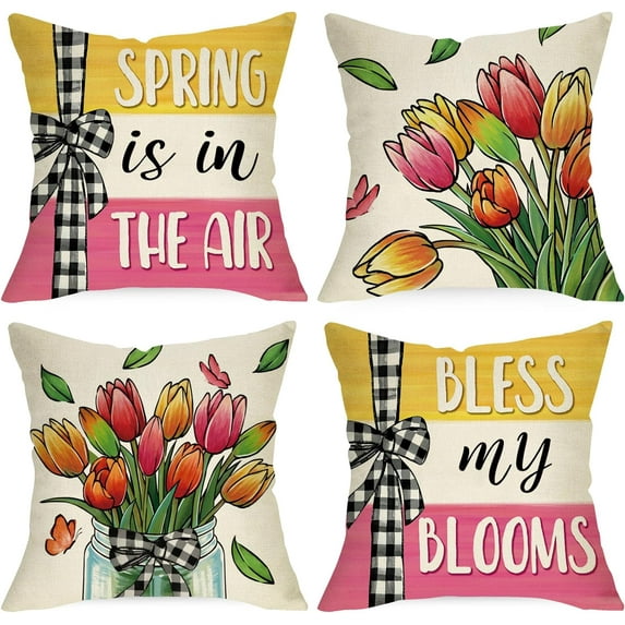 Spring is in The Air Decorative Throw Pillow Covers 18 x 18 Set of 4, Bless My Blooms Tulip Flower Mason Jar Cushion Case Decor, Floral Stripes Bow Farmhouse Home Decoration for Sofa Couch