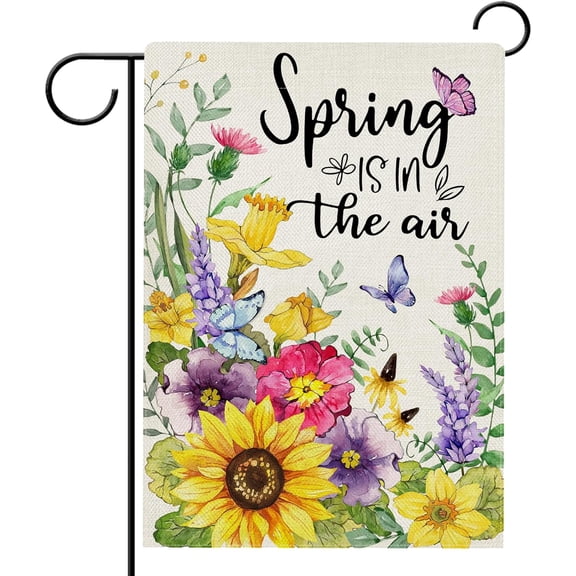 Spring is in The Air Floral Flowers Garden Flag Double Sided, Sunflower Morning Glory Decorative Yard Outdoor Home Small Decor, Daffodil Lavender Butterfly Burlap Outside House Decoration 12.5x18