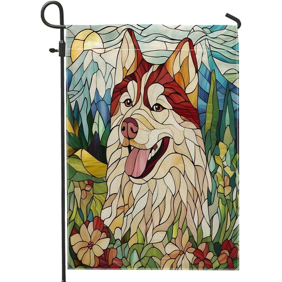 Spring Alaskan Malamute Dog Burlap Vertical Garden Flag, Double Sided Outdoor Yard Decor, Stained Glass Style, 12 x 18 Inches