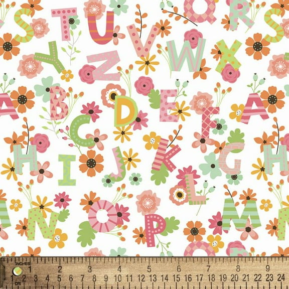 Spring Alphabet Floral White Flannel Fabric