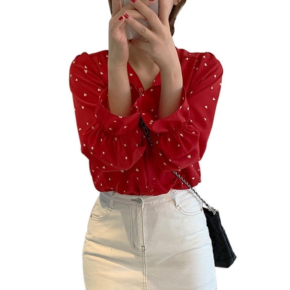 Spring And Autumn Fashion V-neck Love Print Shirt Sweet Fashion Long Sleeve Loose Petal Sleeve Blouse