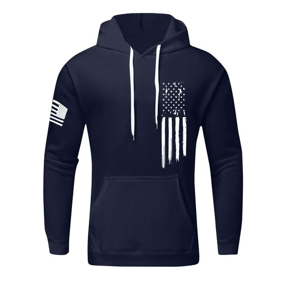 Spring And Autumn Mens Hoodies Pullover Color Block Fleece Long Sleeve Sweatshirt Tops with Pocket Loose Flag Printed Hooded
